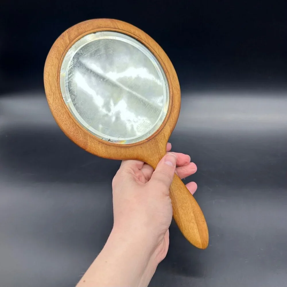 Vintage Handheld Wooden Vanity Mirror Beveled Glass Retro Bathroom Decor